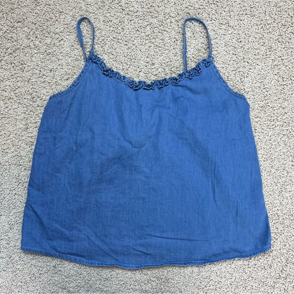 Denim-Effect Blue Ruffle Trim Spaghetti Tank